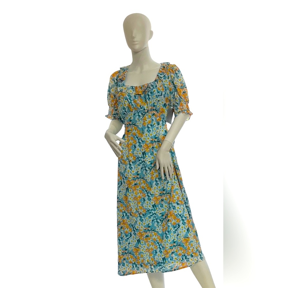 NWT 19Cooper Sz L Short Sleeve Ruffle Midi Dress In Yellow Blue Floral